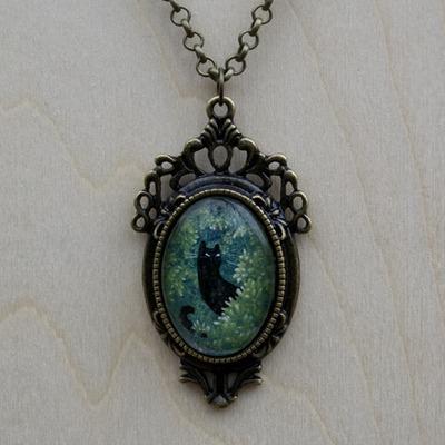 Ooak watercolor cat pendant "nami's moss forest"