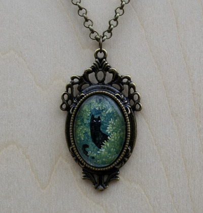 OOAK watercolor cat pendant "Nami's moss forest"