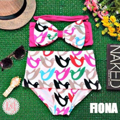 Fiona - retro vintage pin up handmade pink colored duck bow high waist bikini swimsuit swimwear