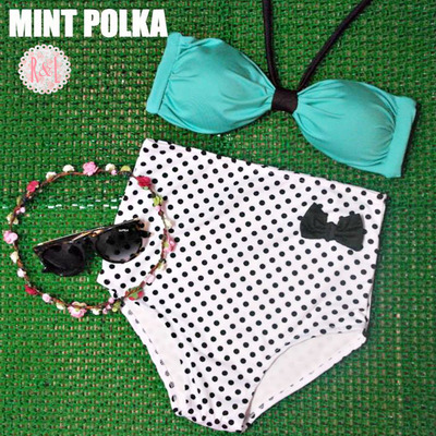 Mint polka - retro vintage pin up handmade mint green white polka dot bow high waist bikini swimsuit swimwear