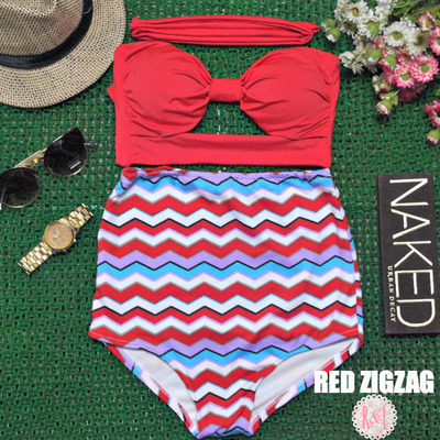 Red zigzag - retro vintage pin up handmade red white zigzag stripes cut out bandeau high waist bikini swimsuit swimwear