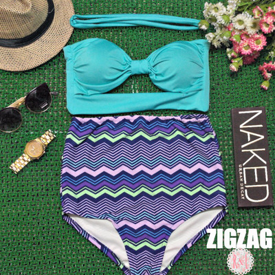 Zigzag - retro vintage pin up handmade turquoise blue purple zigzag stripes cut out bandeau high waist bikini swimsuit swimwear