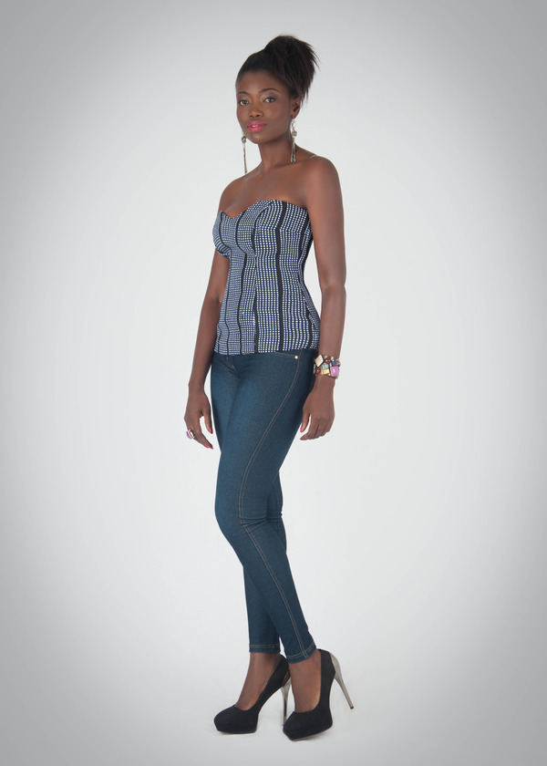 Handwoven checkered and striped cotton bustier top.