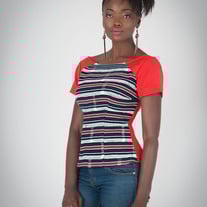 Two fabric t-shirt style handwoven cotton top with plunging back.