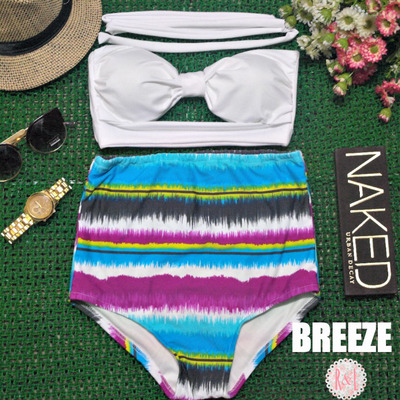 Breeze - retro vintage pin up handmade white blue purple dye stripes cut out bandeau high waist bikini swimsuit swimwear