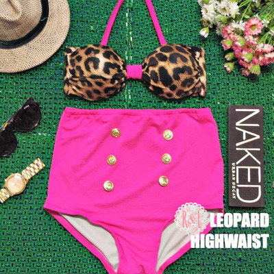 Leopard highwaist - retro vintage pin up handmade pink brown animal print high waist bikini swimsuit swimwear