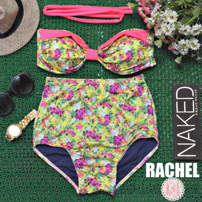 Rachel - retro vintage pin up handmade yellow pink purple floral high waist bikini swimsuit swimwear
