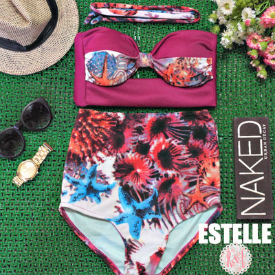 Estelle - retro vintage pin up handmade wine red maroon purple starfish sea coral cut out bandeau high waist bikini swimsuit swimwear