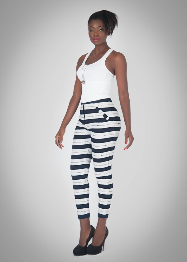 Cigarette pants with pockets in handwoven striped cotton