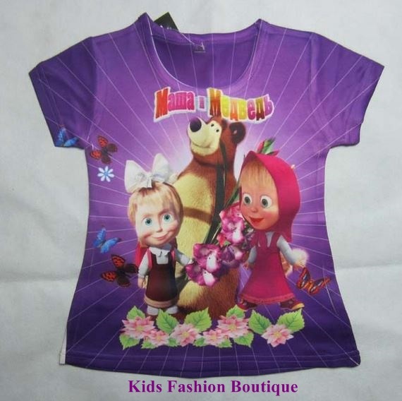 Girls Masha I Medved Cartoon Summer T-Shirts Lime, Pink, Purple