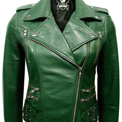 Women's belted green retro short leather jacket new style