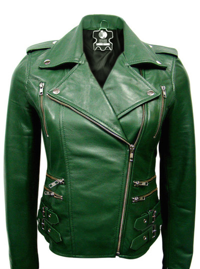 Women's Belted Green Retro Short Leather Jacket New Style
