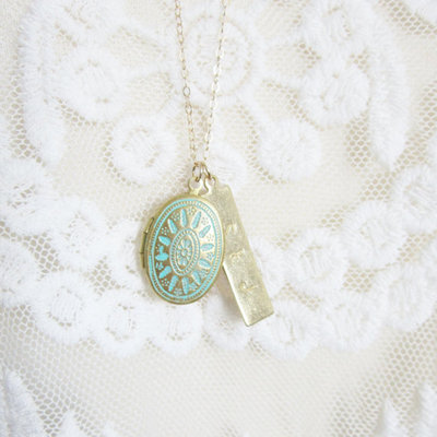 Turquoise locket with personalized bar pendant on long gold filled chain 
