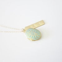 Turquoise locket with personalized bar pendant on long gold filled chain  - Thumbnail 1