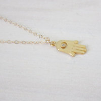 Tiny hamsa hand necklace on gold filled chain  - Thumbnail 1