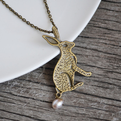 Bunny necklace, rabbit jewelry, rabbit necklace, pearl jewelry, pet - Thumbnail 5