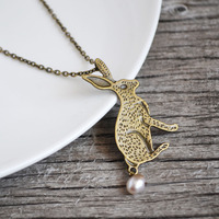 Bunny Necklace, Rabbit Jewelry, Rabbit Necklace, Pearl Jewelry, Pet - Thumbnail 2