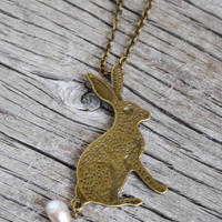 Bunny Necklace, Rabbit Jewelry, Rabbit Necklace, Pearl Jewelry, Pet - Thumbnail 3