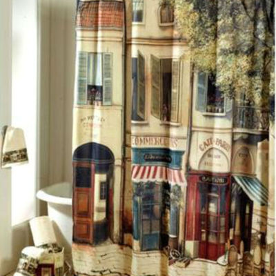 Vintage style street corner cafe design 185 x 185cm bathroom use shower curtain