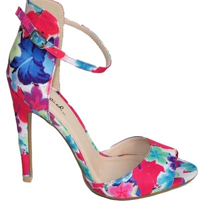 "intent" floral print open toe heel