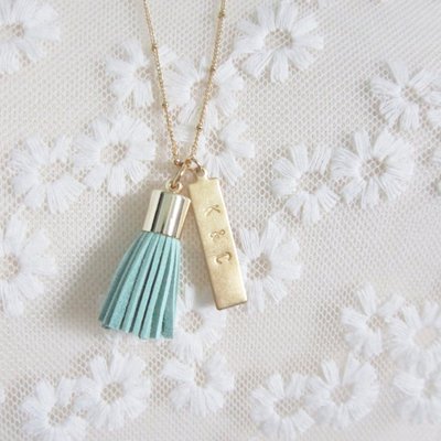 Tassel pendant necklace with personalized brass bar