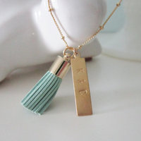 Tassel pendant necklace with personalized brass bar - Thumbnail 1