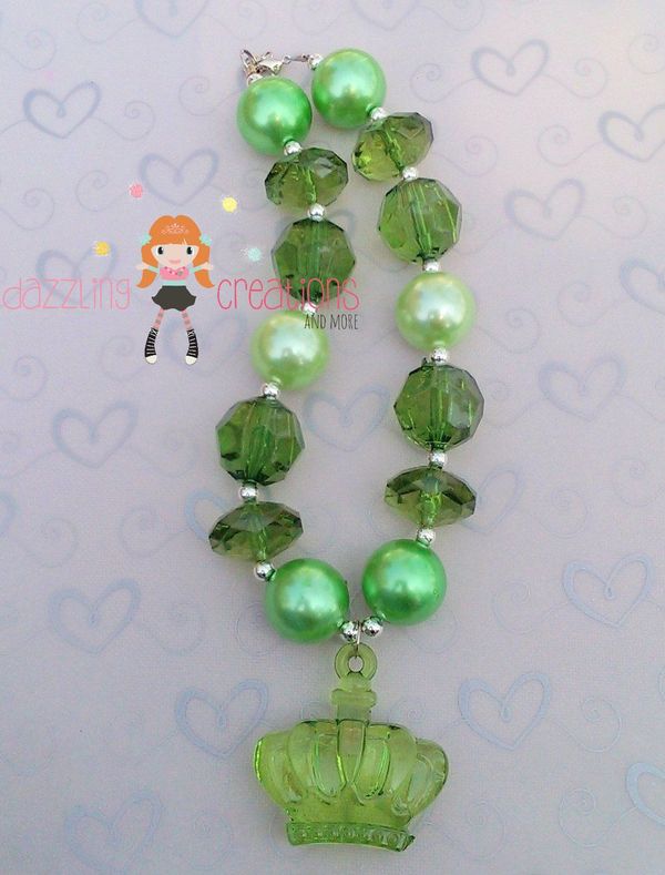 Emerald Princess Pendant Chunky Necklace/Bubblegum Beads/Girls Jewelry