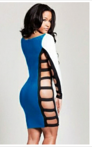 Blue Long Sleeve Sided Slits Dress