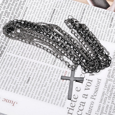 Multi-layer chain pendant black cross long necklace