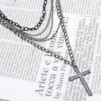 Multi-layer Chain Pendant Black Cross Long Necklace - Thumbnail 1