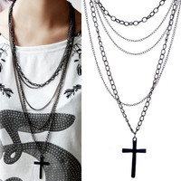 Multi-layer Chain Pendant Black Cross Long Necklace - Thumbnail 2