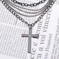 Multi-layer Chain Pendant Black Cross Long Necklace - Thumbnail 3