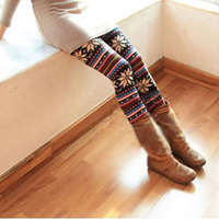 Soft Knitted Multi-colored Stripe Snowflakes Leggings  - Thumbnail 1