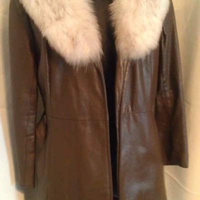 Ladies' leather duster w/fox fur trim, sz:l - Thumbnail 1