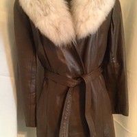 Ladies' Leather Duster w/Fox Fur Trim, Sz:L - Thumbnail 1