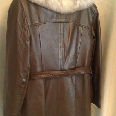 Ladies' leather duster w/fox fur trim, sz:l