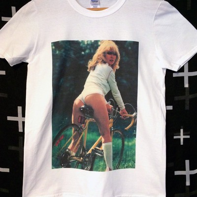 Retro biker girl white unisex crew neck t-shirt.