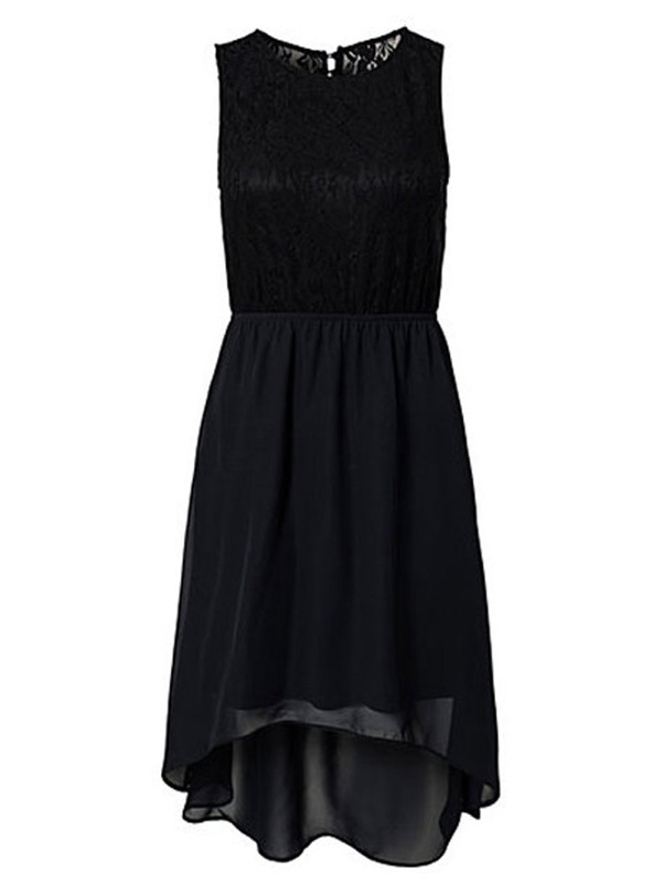 Black Blends Women Fashion Round Neck Square Sleeveless Asymmetrical Dress M/L SY-6263-46-Black