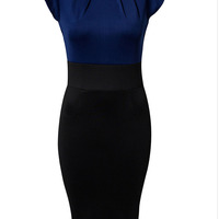 Blue Blends Women Fashion Round Neck Cap Sleeve Casual Short Length Dress M/L SY-6347-46-Blue - Thumbnail 1