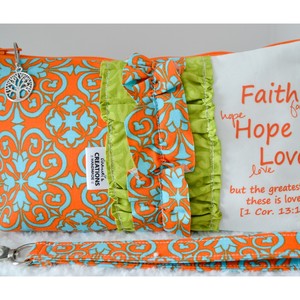 Large Zippered Wristlet/Clutch Accented with Ruffles and Scripture
