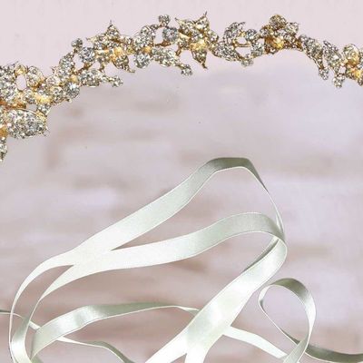 Bridal wedding rhinestone crystals ribbon gold tiara headband