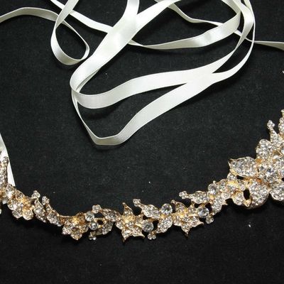 Bridal wedding rhinestone crystals ribbon gold tiara headband