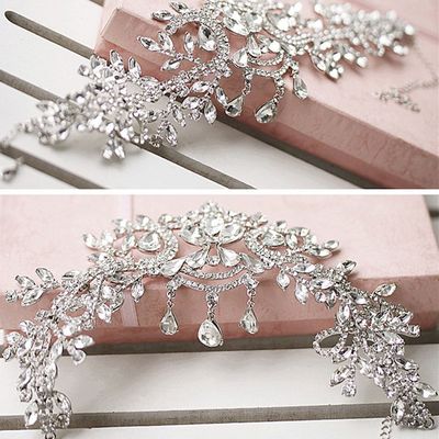 Wedding bridal art deco bride head rhinestone crystal hair chain tiara crown