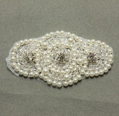 Wedding Bridal Symmetry Pearl Motif Rhinestone Crystal Dress Applique 