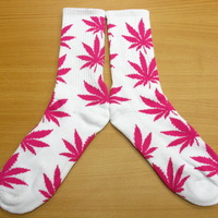 Harajuku Weed Marijuana Crew Socks White/Carmine Rose Color - Thumbnail 1