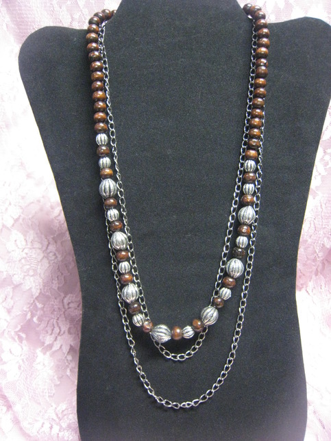 Brown Wood Metal & Chain Necklace