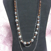 Brown Wood Metal & Chain Necklace