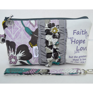 Large Zippered Wristlet/Clutch Accented with Ruffles and Scripture