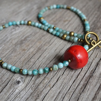 Coral Necklace, Coral and Blue Agate, Summer Necklace, Beach Jewelry - Thumbnail 1