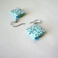 Eco-Chic Earrings - Recycle Symbol Pattern - Green and White - Thumbnail 2